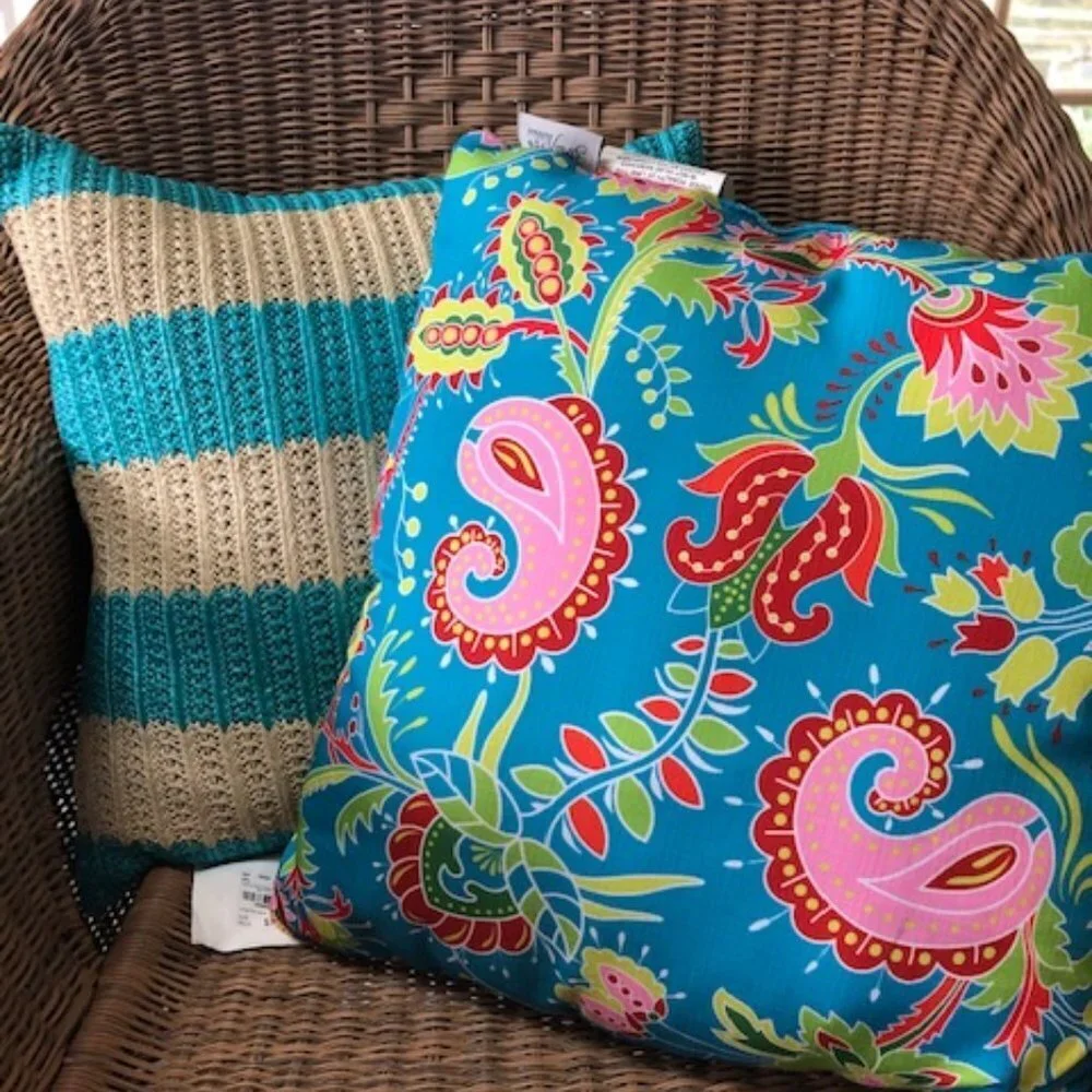 STRATFORD Outdoor Paisley White Blue Stripe Raffia Weatherproof Pillow